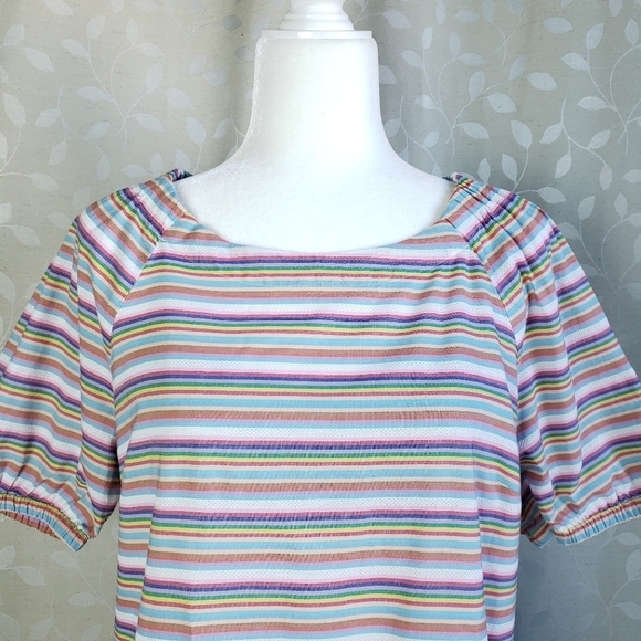 Talbots Pastel Rainbow Striped Puff Sleeve Peasant Top Medium Petite - Picture 3 of 15